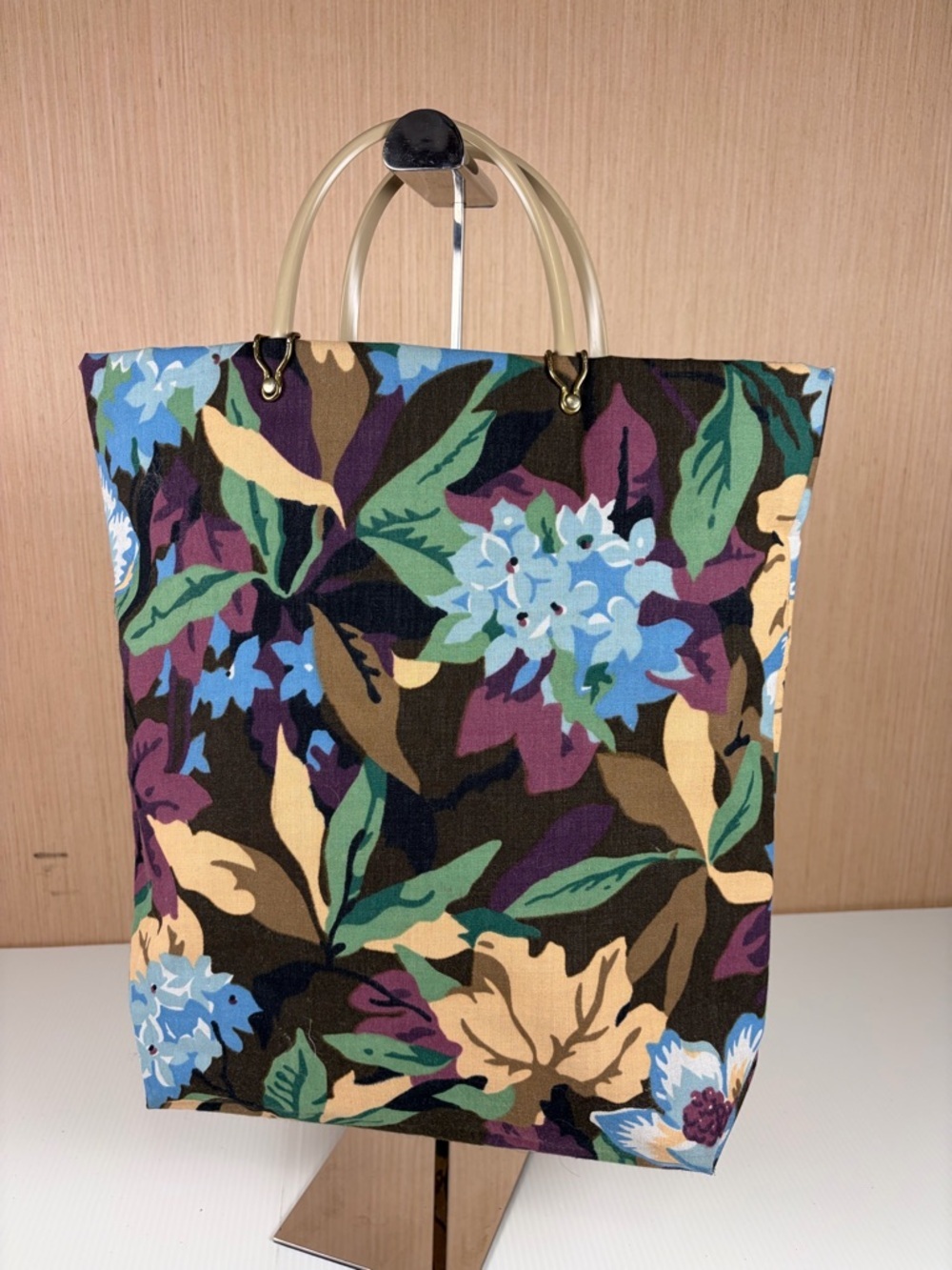Floral Tote Bag Lucite Style Handles Handmade Market Shopper Purse